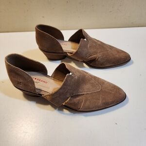 Lucky Brand Minnsy  Taupe Suede Leather Cutout  heeled mules 7.5